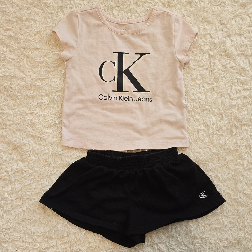 Calvin Klein Jeans Pale Pink Logo Tee with Black Shorts